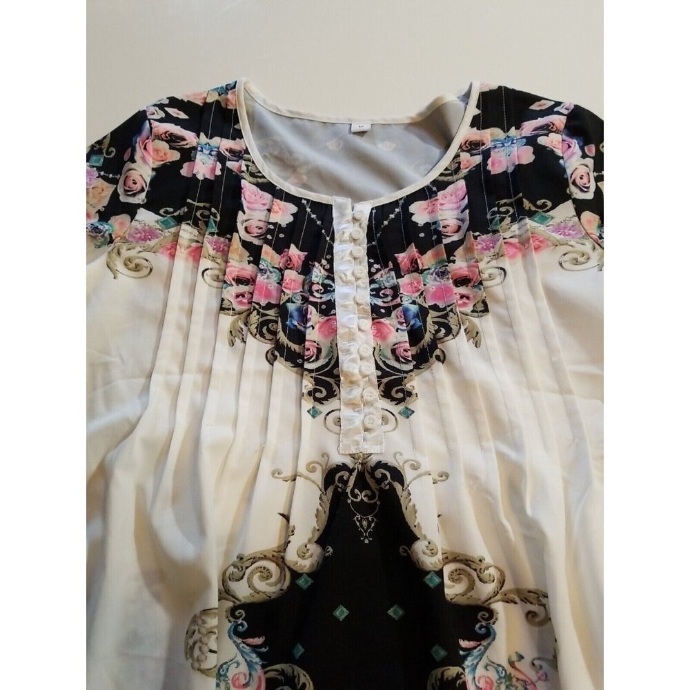 Women's Blouse Top M Ruffled Frill Sleeve Pintucked Black White Floral Silky - Picture 7 of 10
